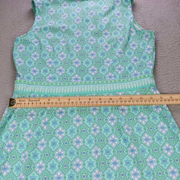 Talbots Shift Dress Womens Small Green Blue Floral Geometric Split Neck Preppy - Picture 9 of 9